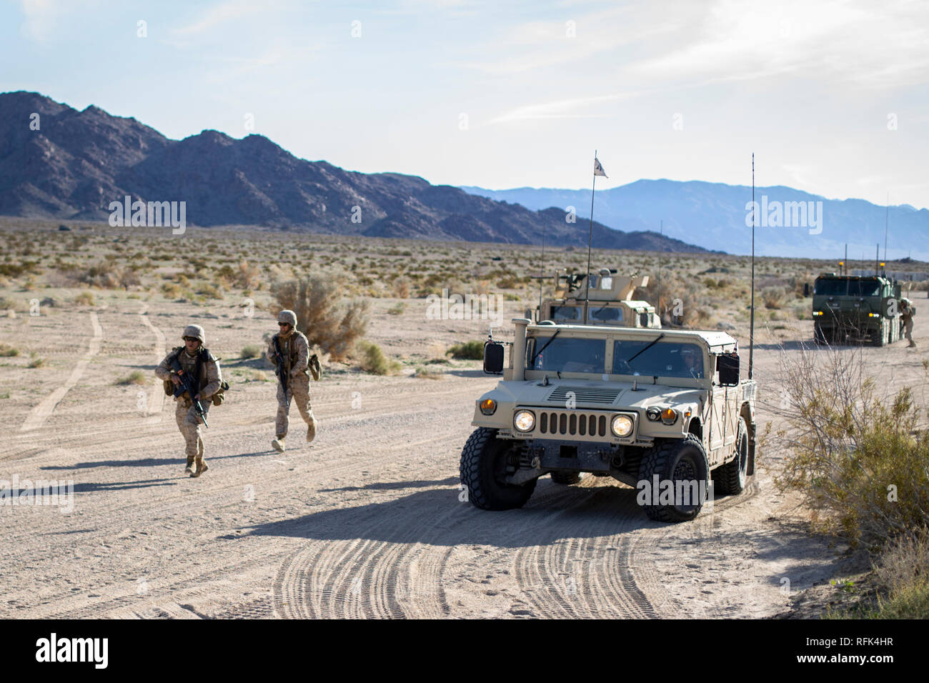 U.S. Marines with Combat Logistics Battalion-6, Marine Air-Ground Task Force-6 (MAGTF-6) conduct a Motorized Operations Course during Integrated Training Exercise (ITX) 2-19 aboard Marine Corps Air-Ground Combat Center Twentynine Palms, Calif., Jan. 24, 2019. ITX creates a challenging, realistic training environment that produces combat-ready forces capable of operating as an integrated MAGTF. (U.S. Marine Corps photo by Sgt. Victor A. Mancilla) Stock Photo
