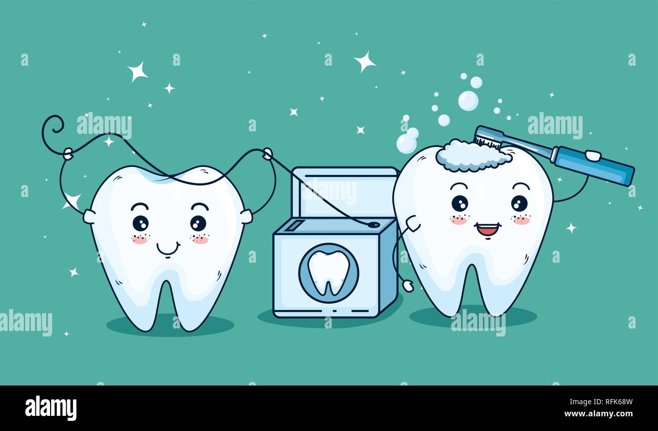 teeth care treatment with toothbrush and dental floss Stock Vector ...