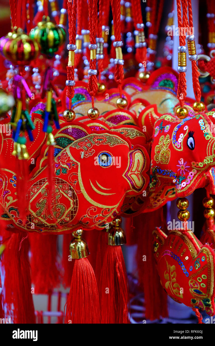 HO CHI MINH CITY, VIET NAM- JAN 25, 2019: Close up of vibrant red ornaments for Tet at decoration shop on China town, Cho Lon, a market place to decor Stock Photo