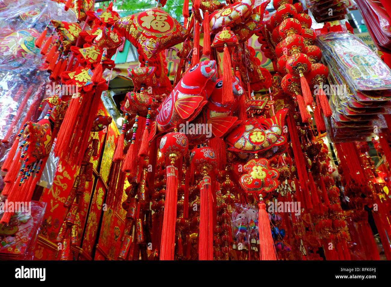HO CHI MINH CITY, VIET NAM, Close up of vibrant red ornaments for Tet at decoration shop on China town, Cho Lon, a market place to decor Stock Photo