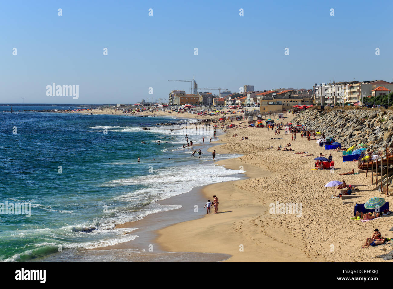 Vila do Conde, Portugal - June 19, 2015: Wide view of Vila do Conde Beach at the start of the bathing season, north of Portugal Stock Photo