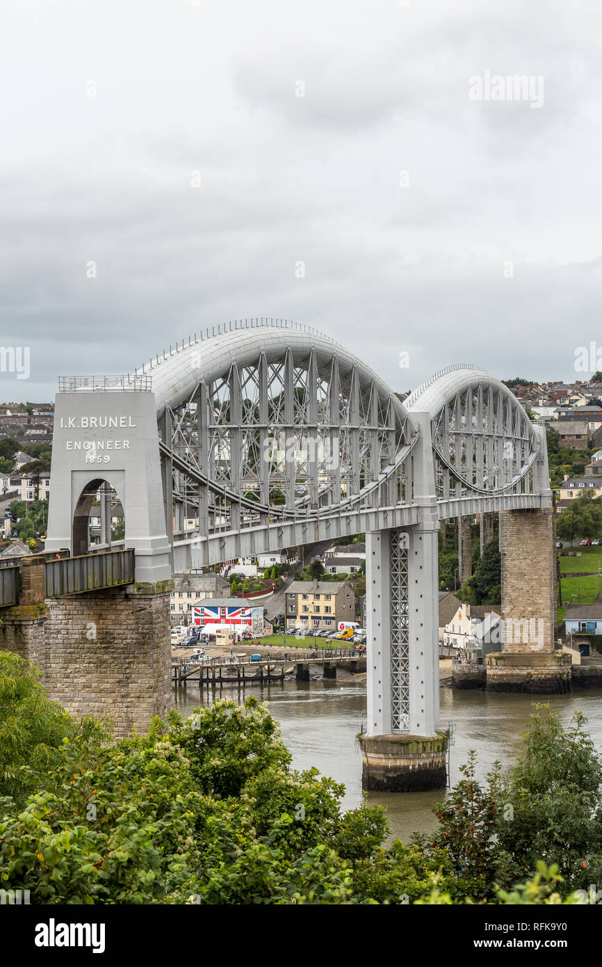 Brunels Royal Albert Bridge over the river Tamar, Cornwall, with the town of Saltash in the background. Stock Photo