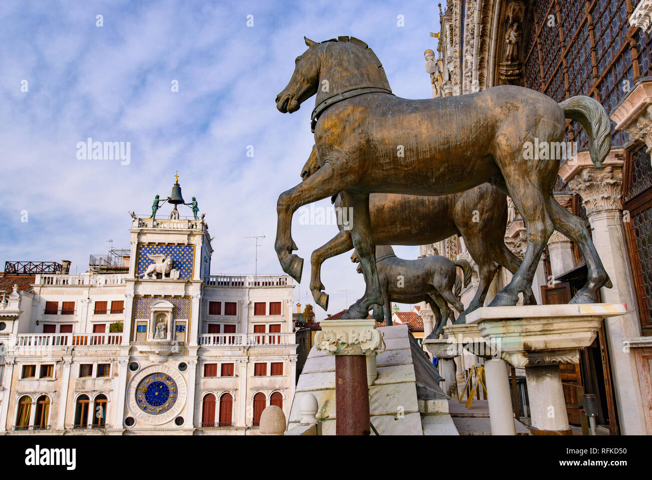 The Horses of Saint Mark (Triumphal Quadriga), four bronze statues of horses on the facade of St Mark's Basilica in Venice, Italy Stock Photo