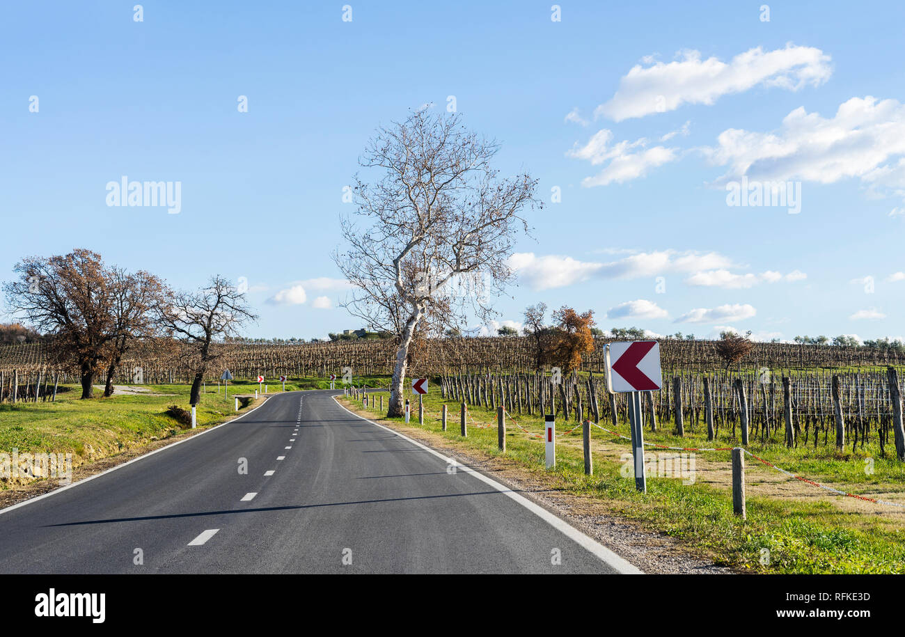 Road with a sharp corner ahead somewhere in Slovenia. Stock Photo