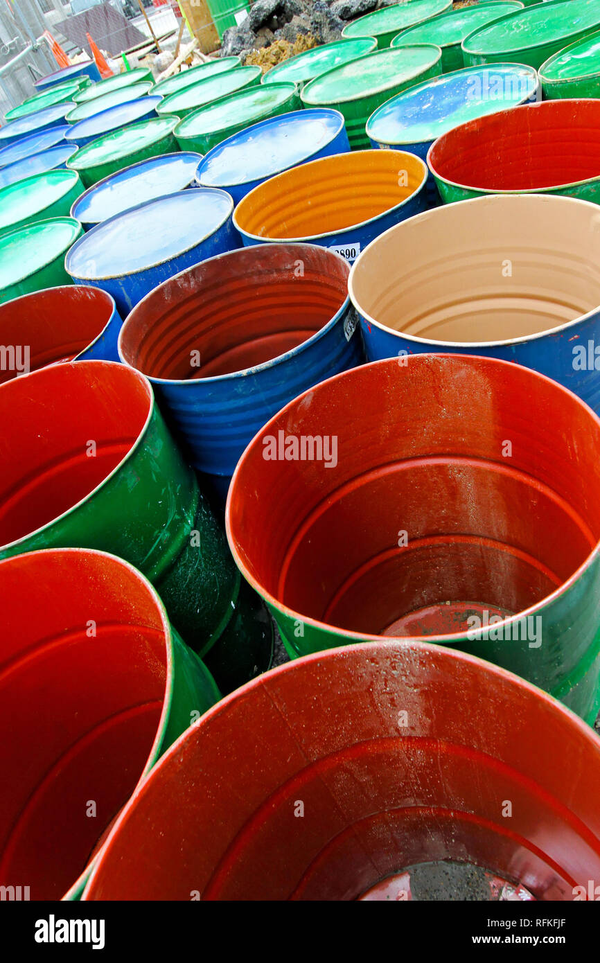 Large group of standard metal oil barrels Stock Photo Alamy