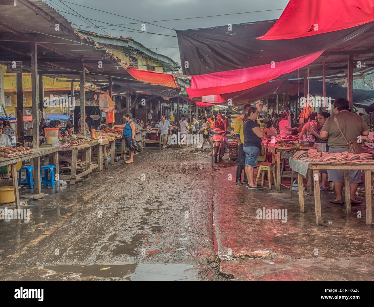 Iquitos, Peru - December 06, 2018: Market with various types of meat, fish and and fruits. Belen Market. Latin America. Belén Mercado. Stock Photo