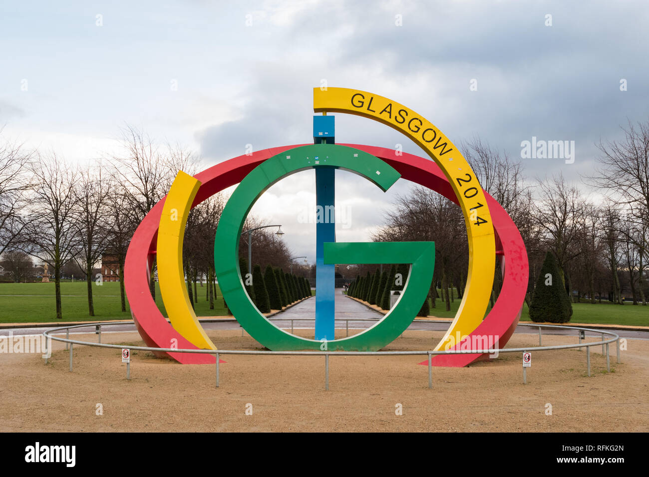 Glasgow 2014 Commonwealth Games logo sculpture in Glasgow Green, Glasgow, Scotland, UK Stock Photo