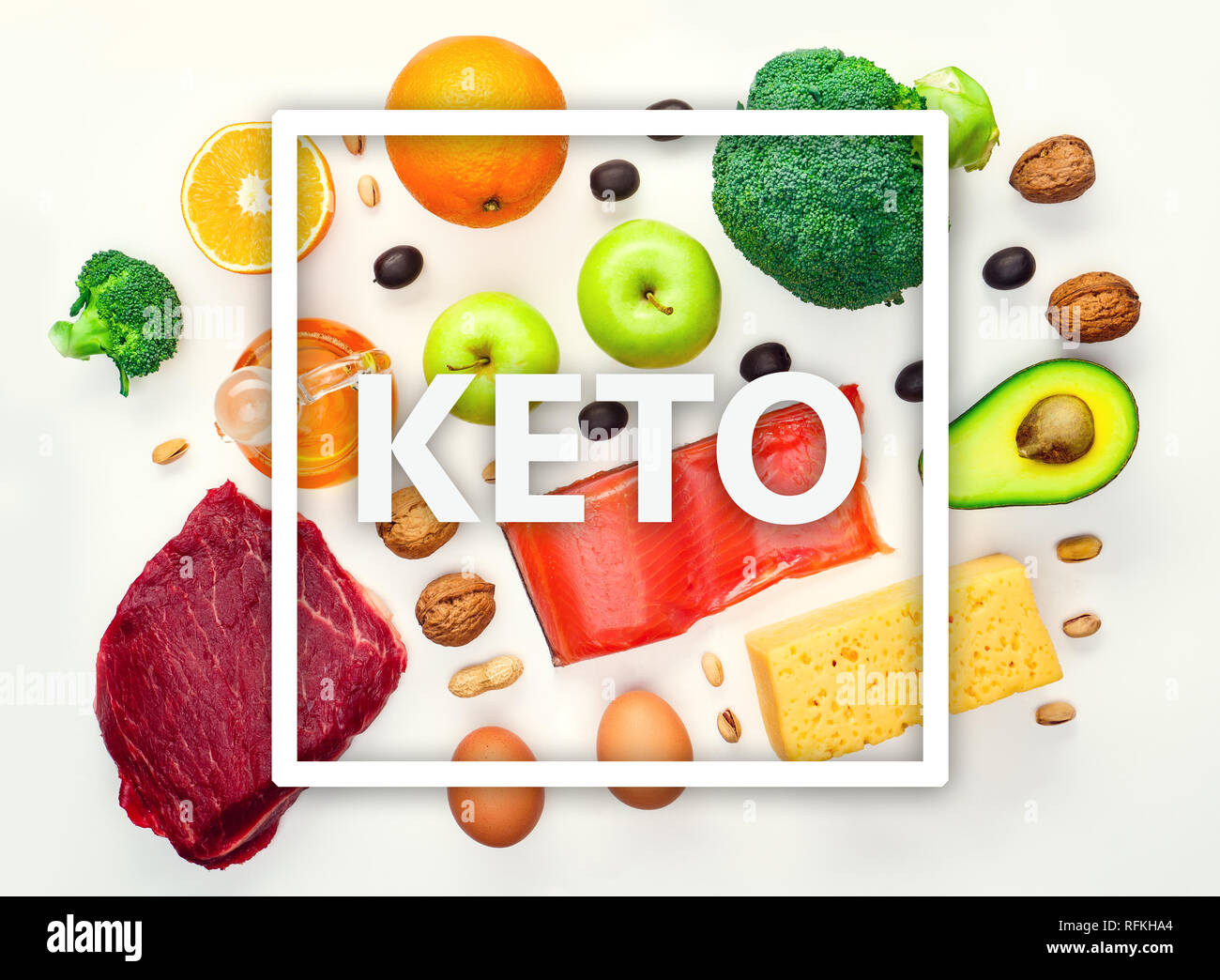 Picture on top of piece of meat, fish, cheese, eggs, vegetables, fruits