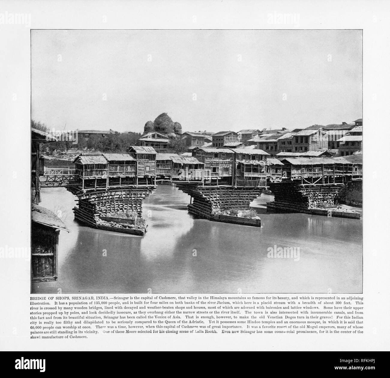 Bridge of Shops, Srinagar, India, Antique India Photograph, 1893 Stock Photo