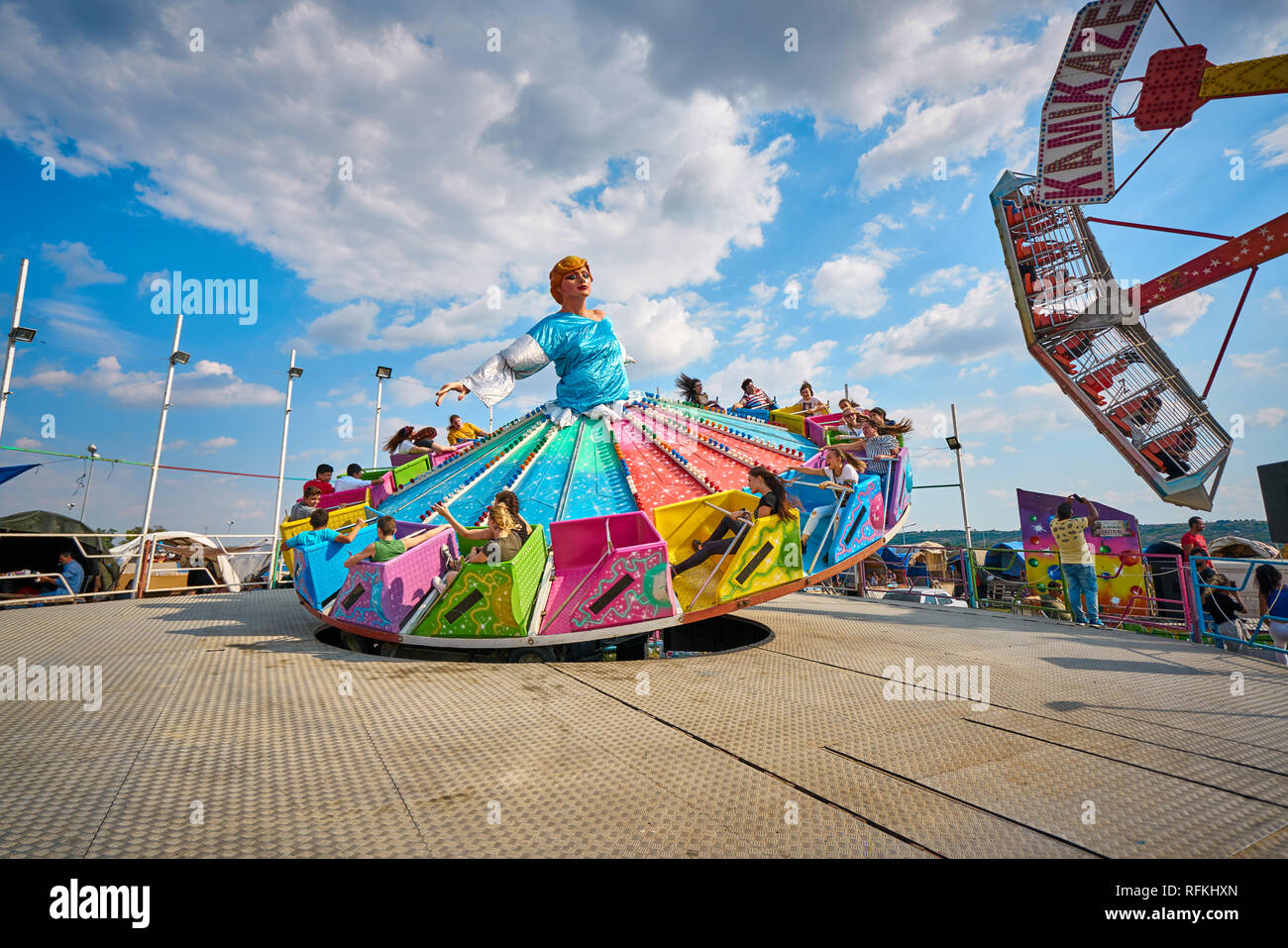 People have fun on Ballerina at Luna Park at Pavli Fair, Kirklareli. It