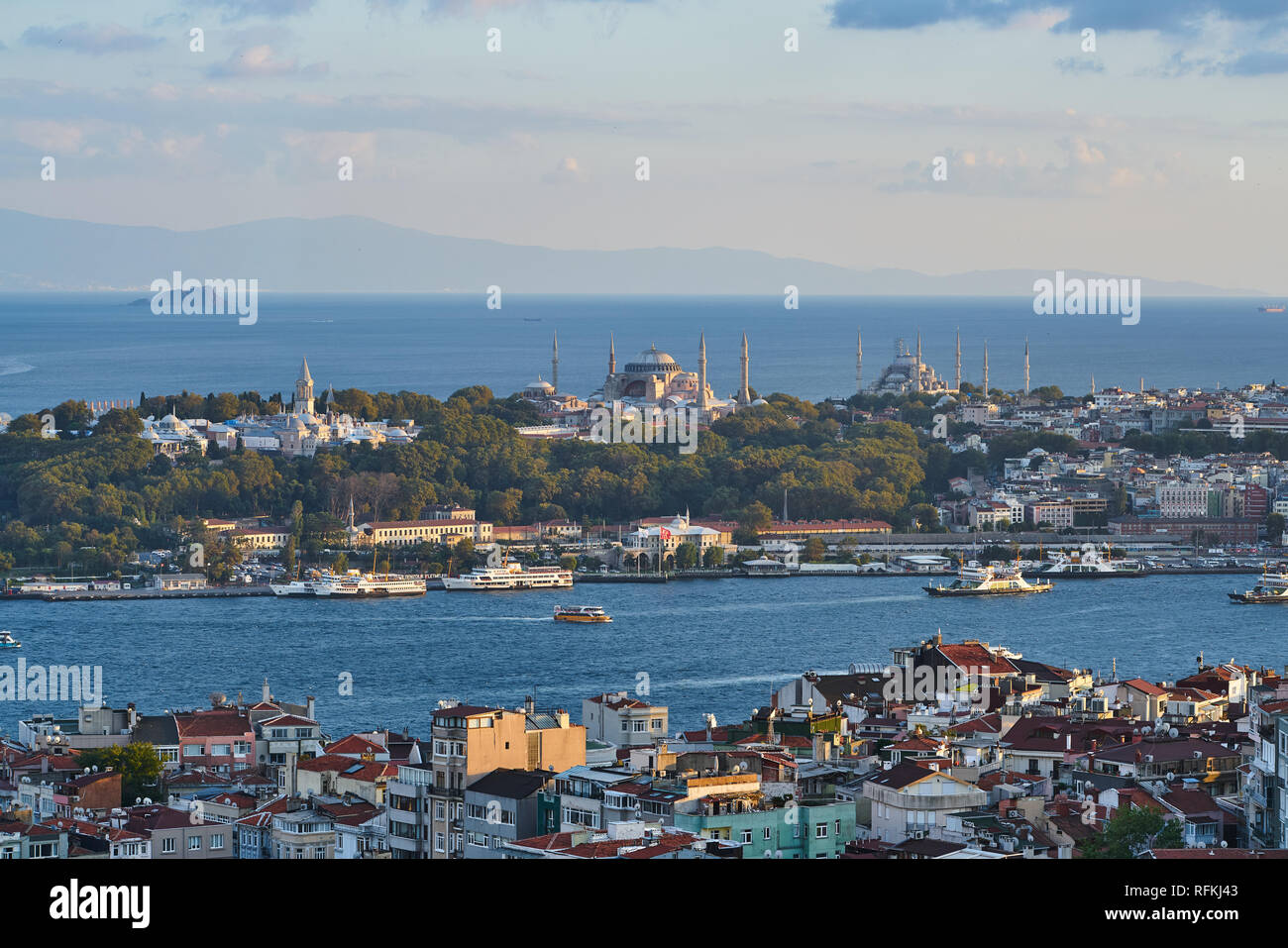 Aerial panorama of Istanbul with Topkapi Palace, Hagia Sophia (Ayasofya) and Blue Mosque (Sultanahmet Cami), Turkey Stock Photo