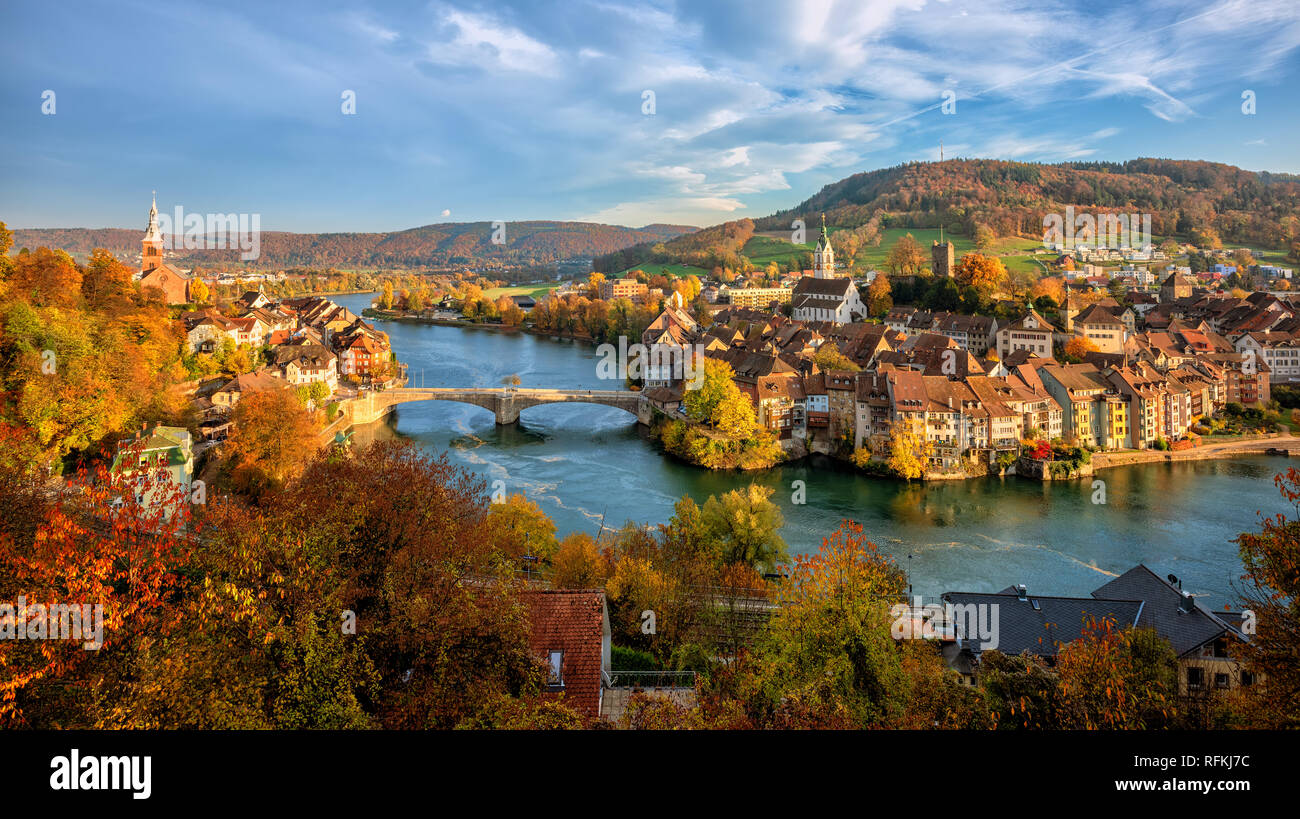 Laufenburg Old town on Rhine river is a popular day trip destination around Basel, Switzerland, on the swiss german border Stock Photo