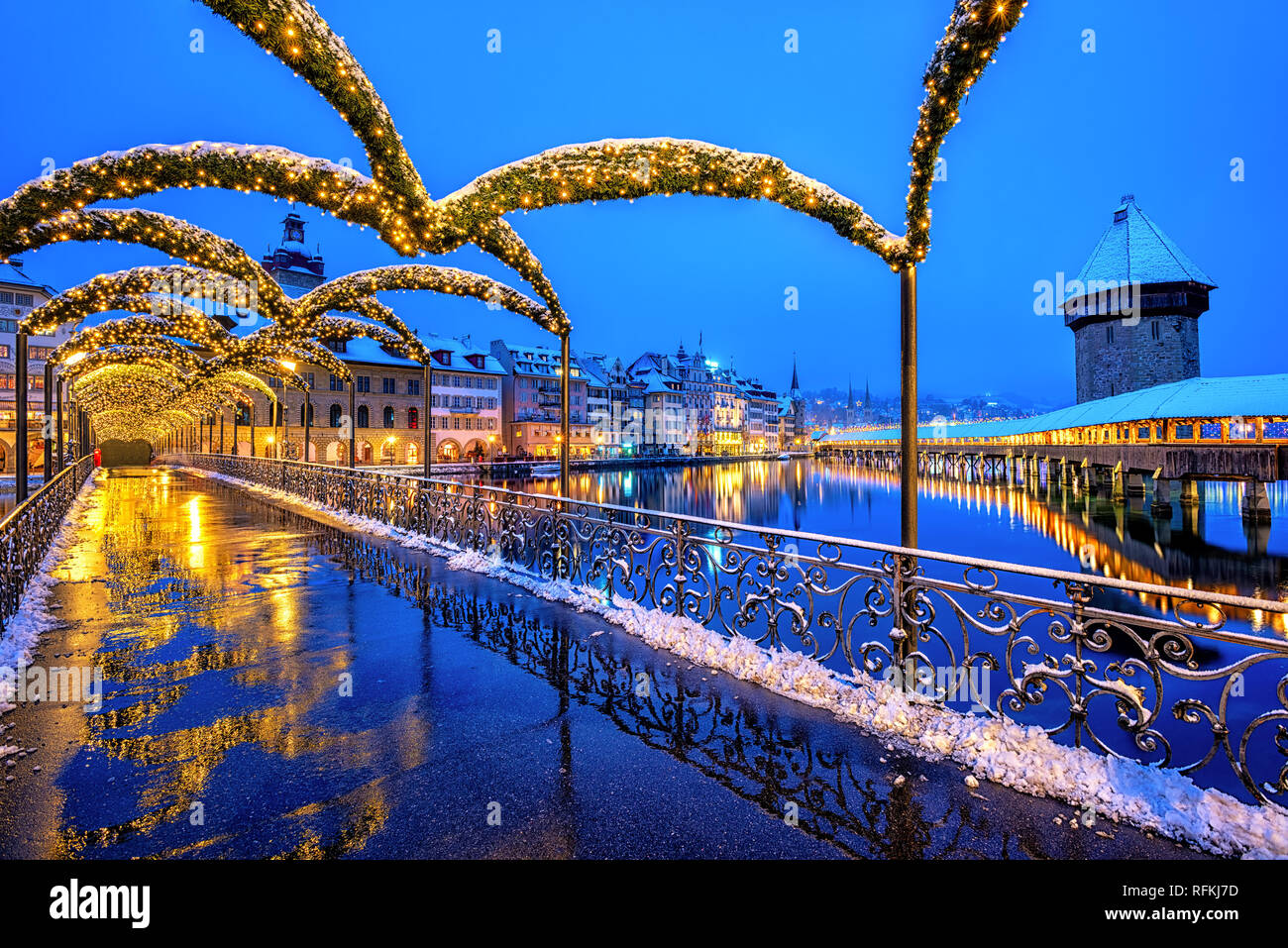 Lucerne Old town, Switzerland, decorated with Christmas lights in winter Stock Photo