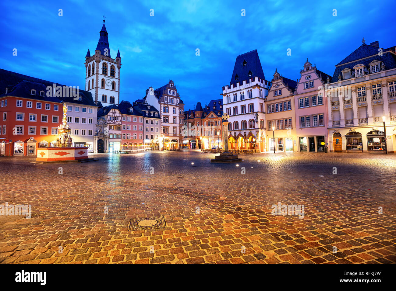 Trier, Germany, colorful gothic houses in the Main Market square in the center of Old Town in early morning light Stock Photo