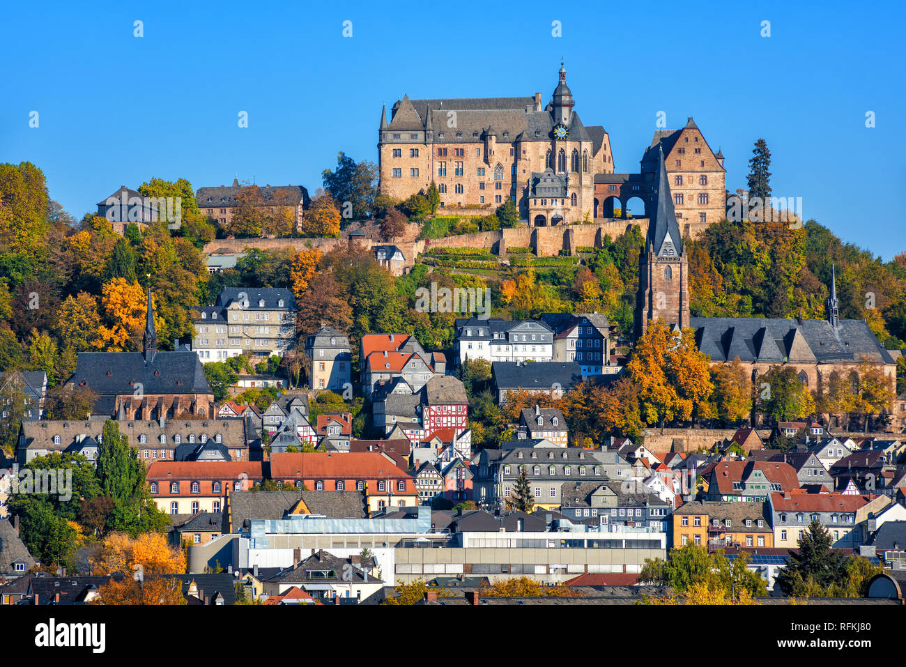 Marburg an der Lahn historical Old Town with castle Landgrafenschloss, St. Elizabeth church and medieval colorful half-timbered houses, Germany Stock Photo