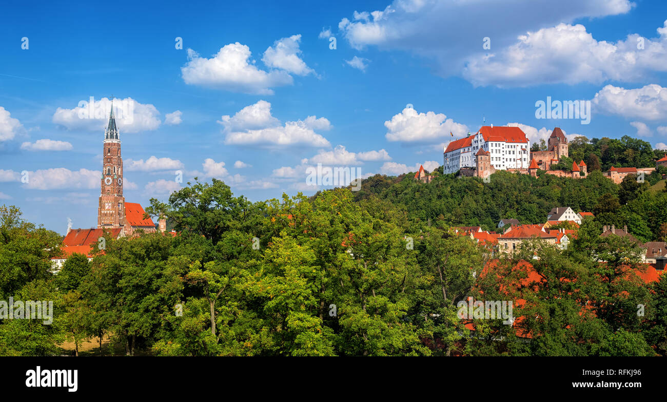 Landshut, panoramic view of the historical gothic Old Town with St Martin Church and Burg Trausnitz Castle, Bavaria, Germany Stock Photo