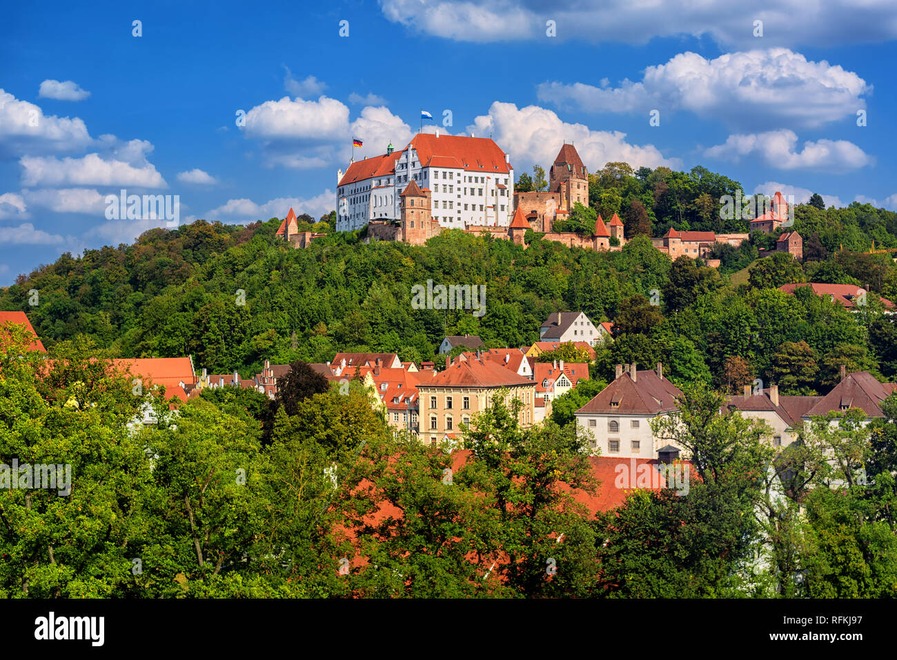 Landshut, historical gothic Burg Trausnitz castle on a hill over the old town, Bavaria, Germany Stock Photo