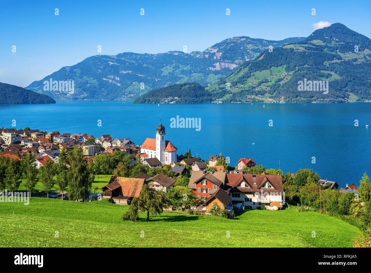 Beckenried, traditional little town on Lake Lucerne in swiss Alps, Switzerland Stock Photo