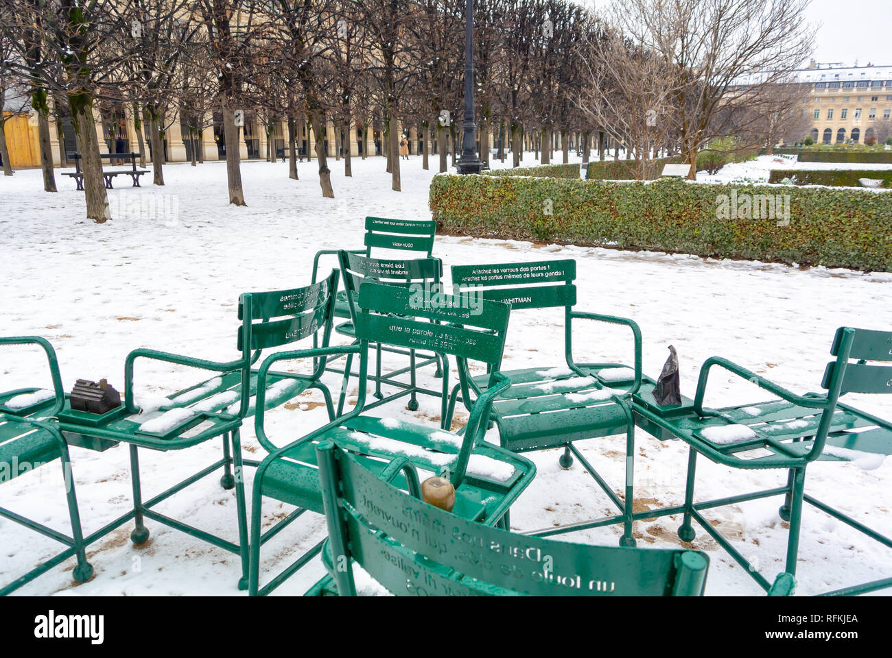 Green chairs in Palais Royal garden, Paris, France Stock Photo