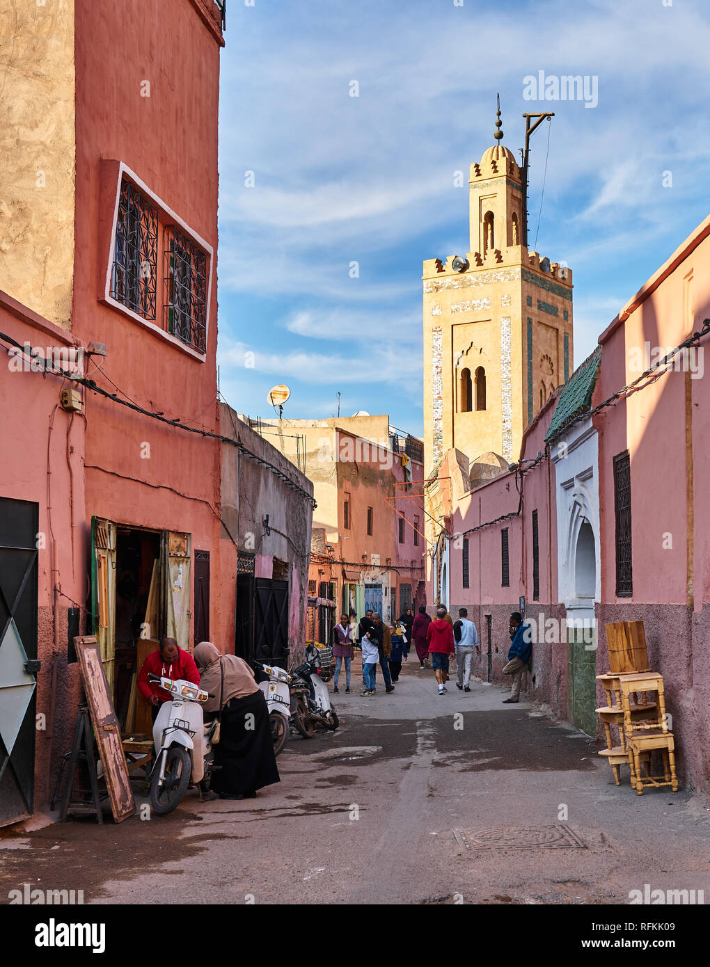 Scene of a traditional small street of Marrakesh / Marrakech, Morocco. Stock Photo