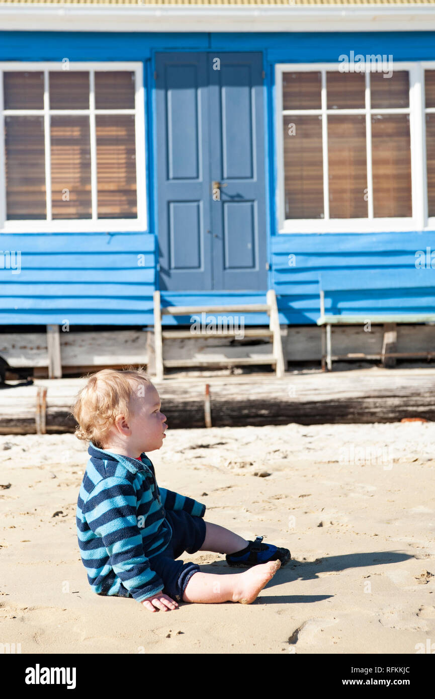 Boy at a beach house, Tasmania, Australia Stock Photo