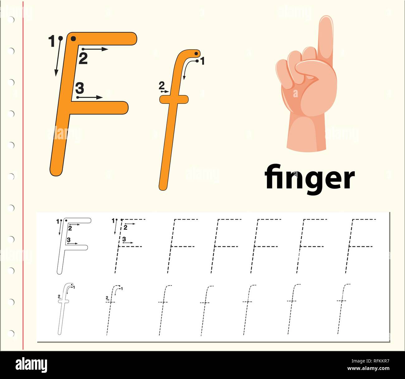 Letter F tracing alphabet worksheets illustration Stock Vector