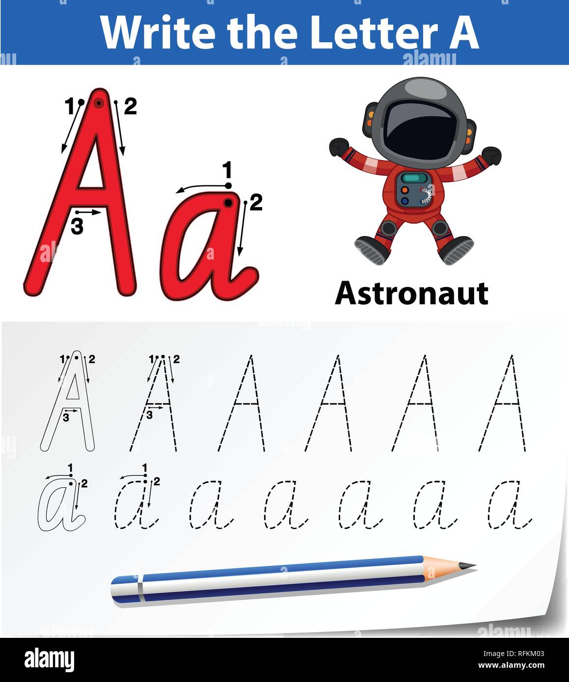 Letter A tracing alphabet worksheets illustration Stock Vector