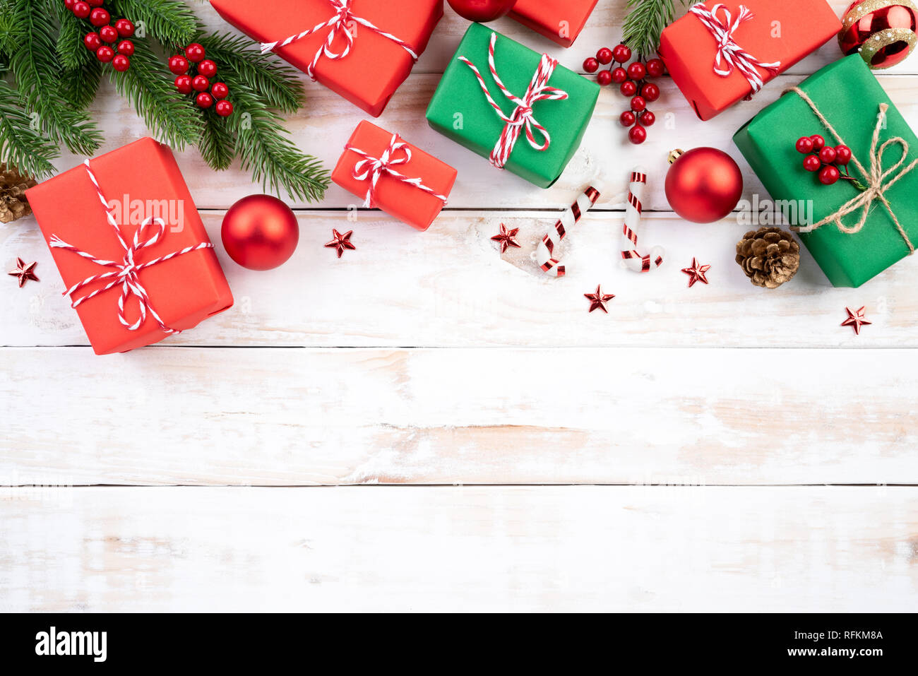 Christmas background concept. Top view of Christmas green and red gift ...