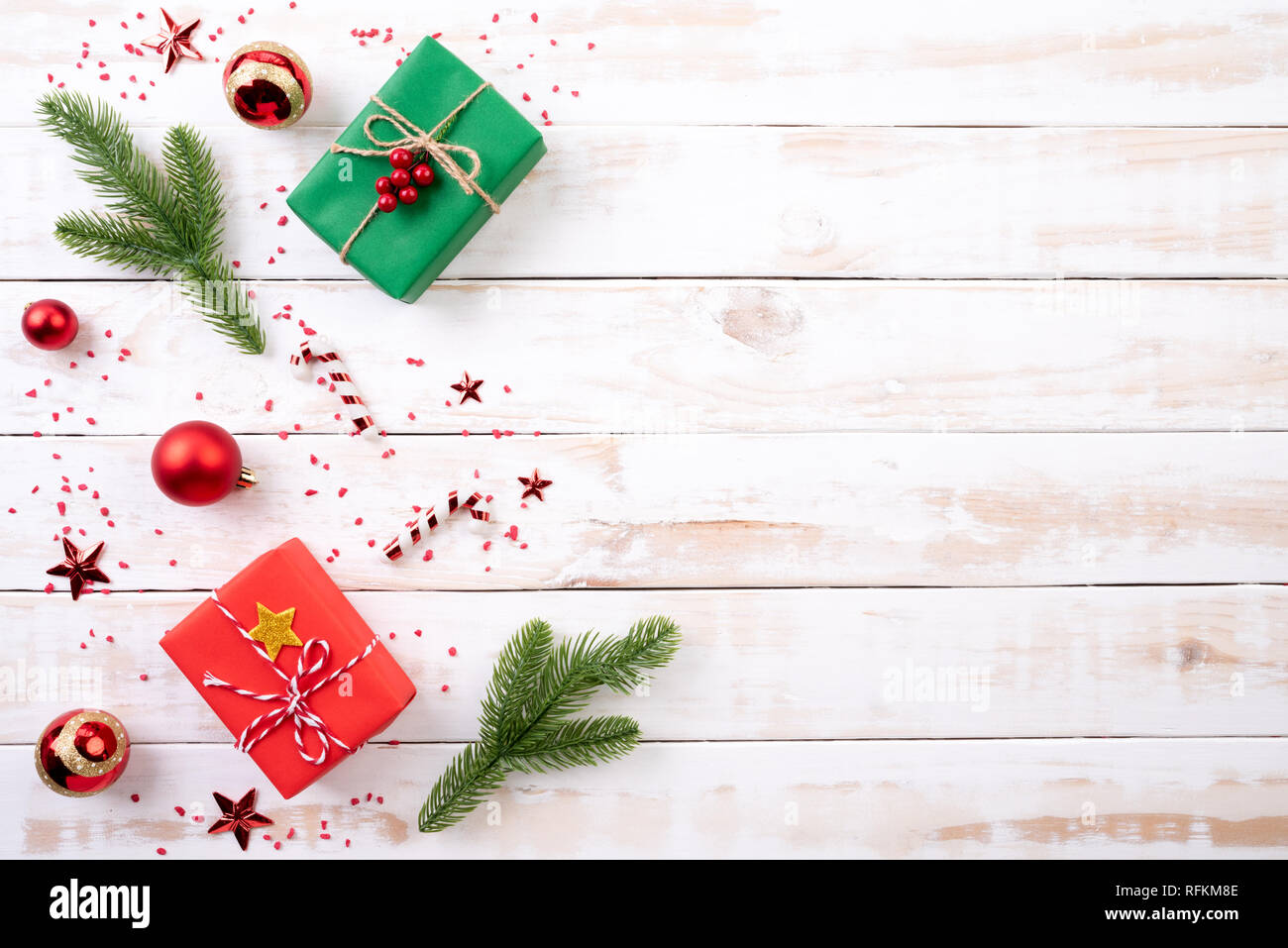 Christmas background concept. Top view of Christmas green and red gift ...