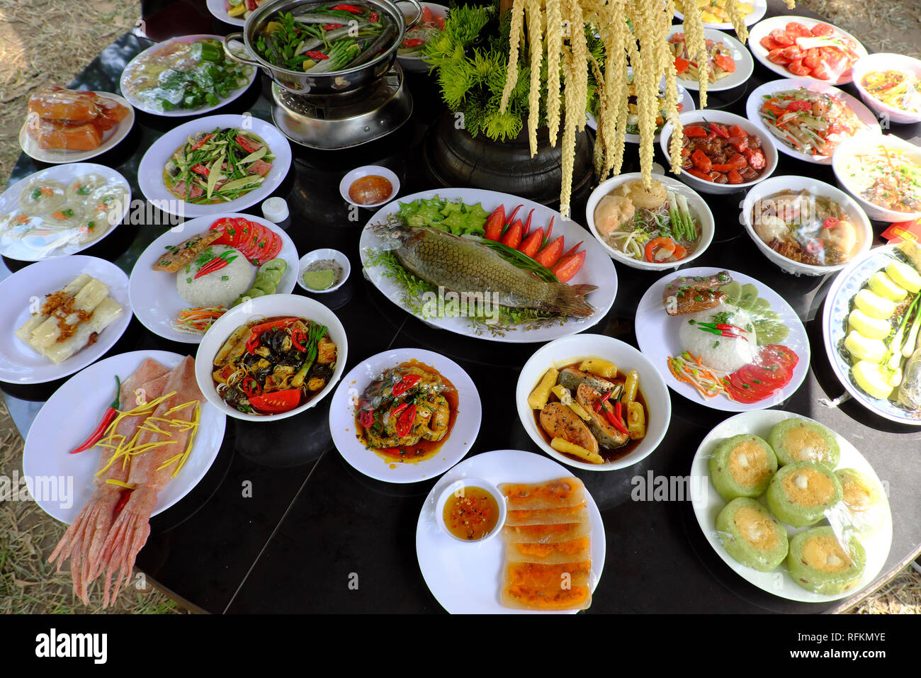 Variety of food on party table, group of Vietnamese food model