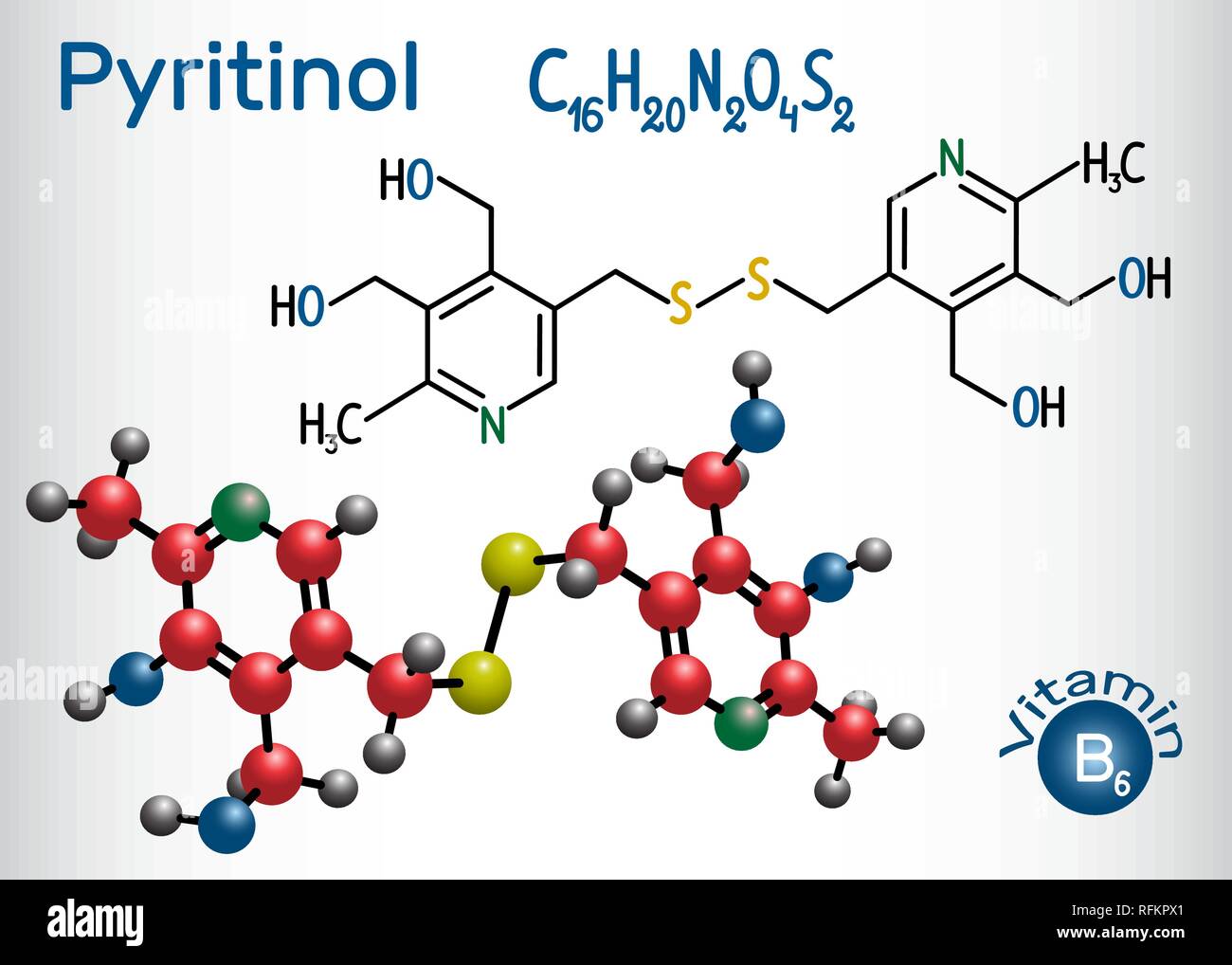 Pyritinol molecule, is a vitamin B6. Structural chemical formula and molecule model. Vector illustration Stock Vector