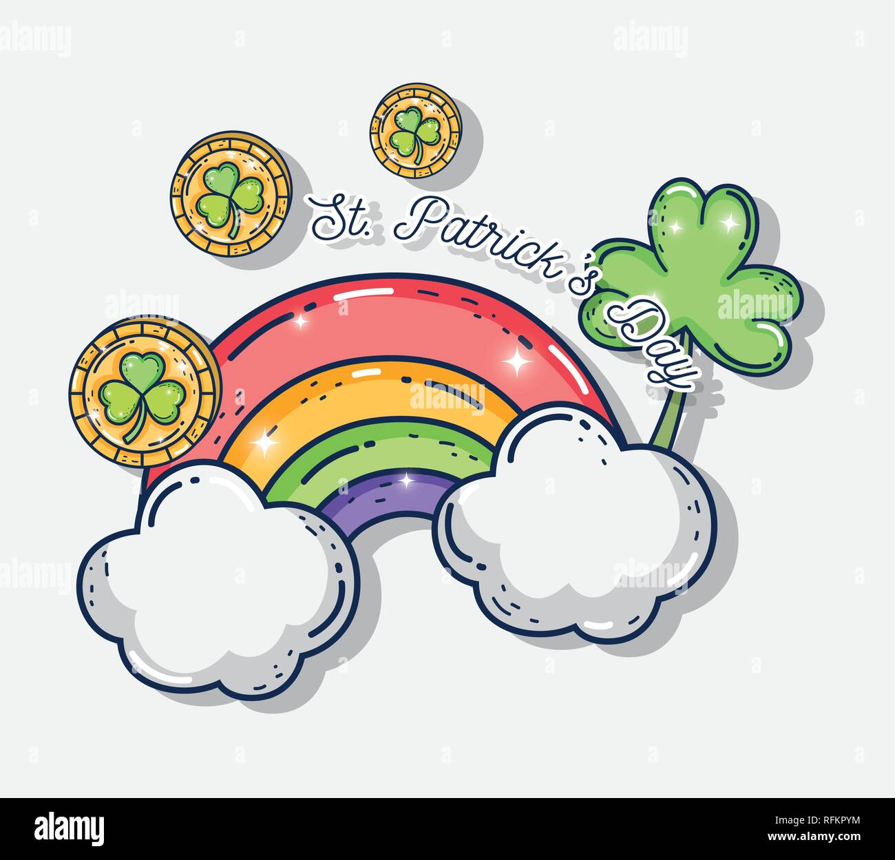 coins with clovers plants and rainbow with clouds Stock Vector Image ...