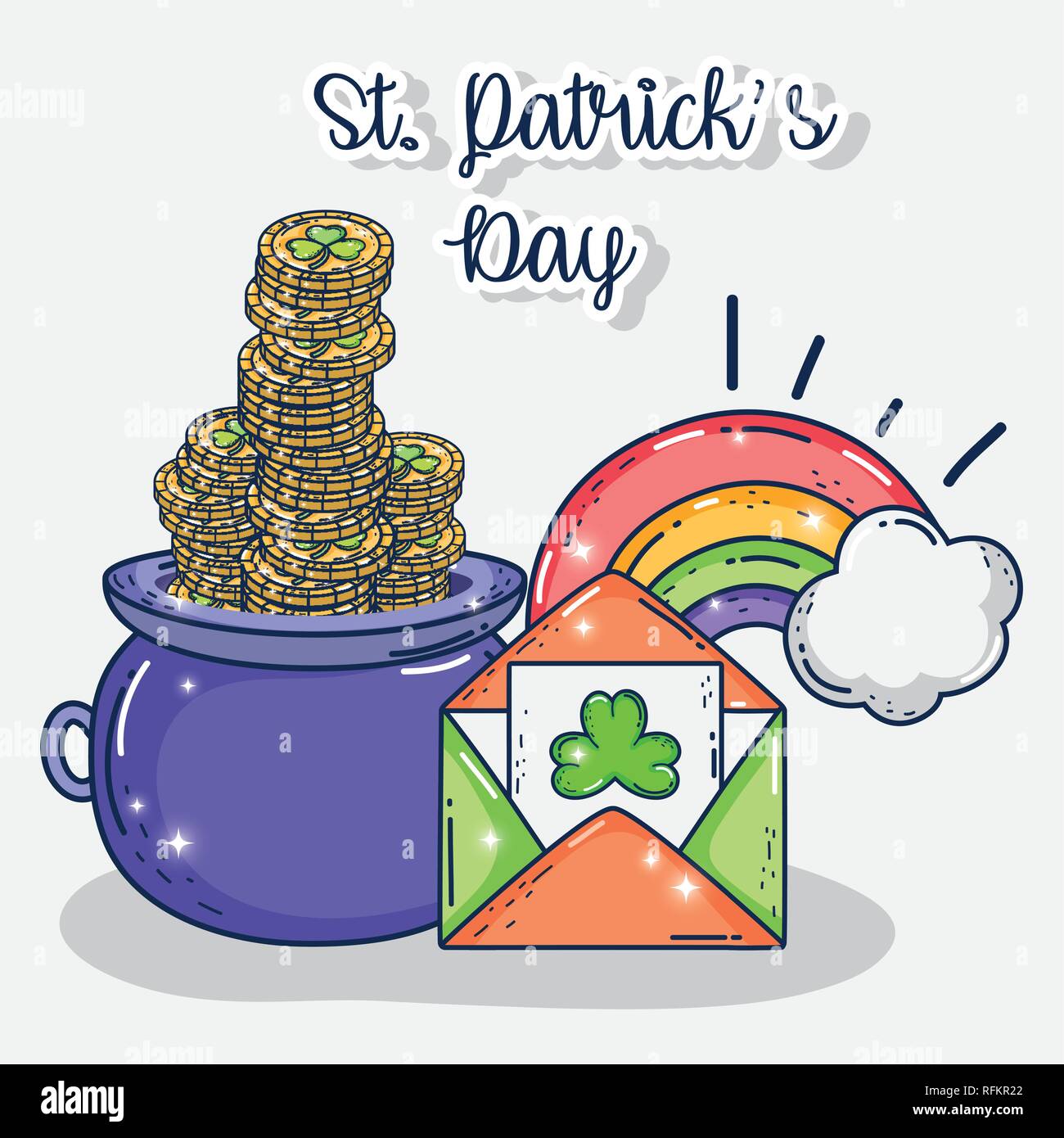 Coins Inside Cauldron With Card And Raibow Decoration Stock Vector