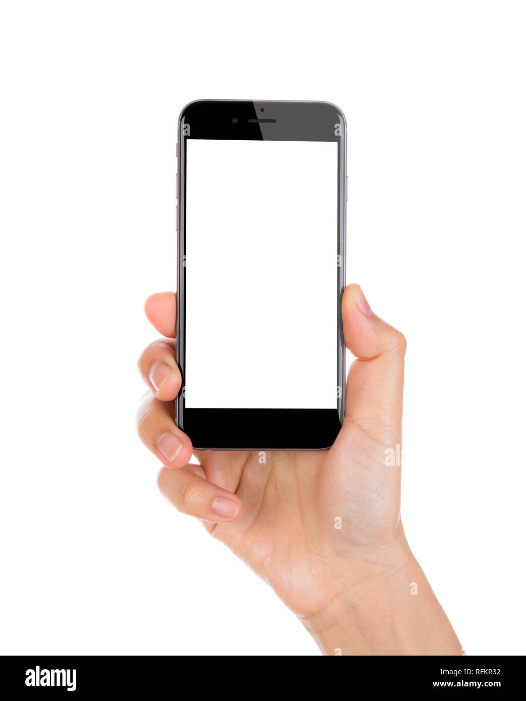 Hand holding mobile smart phone with blank screen Isolated on white ...