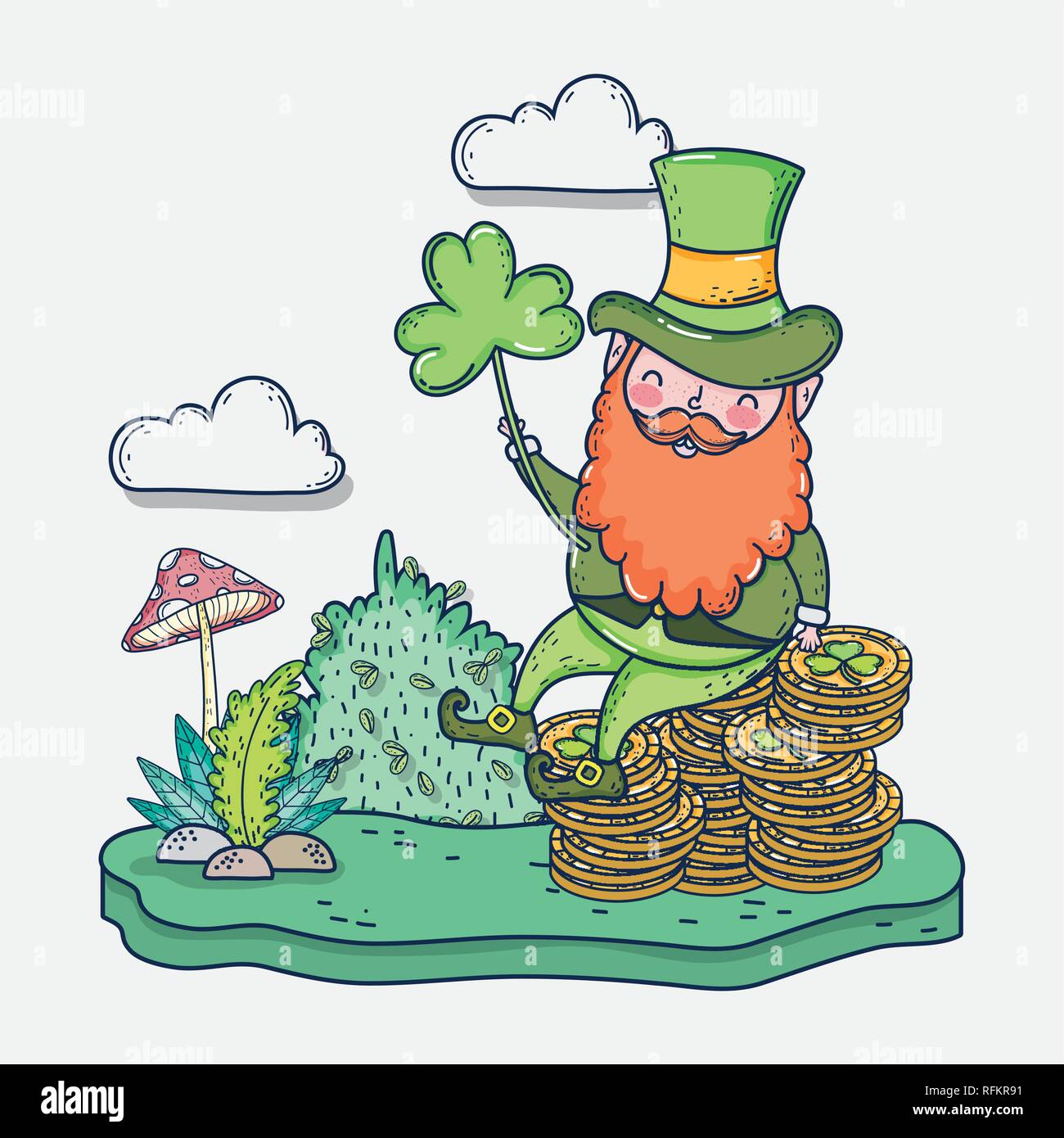 st patrick man with gold coins and clover Stock Vector