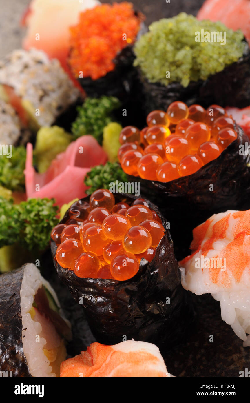 Salmon eggs sushi with assorted sushi platter Stock Photo Alamy