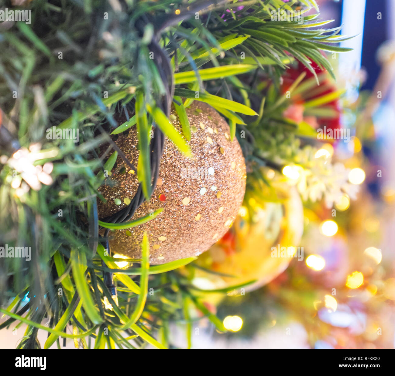 Christmas decoration with colorful balls and lights Stock Photo - Alamy