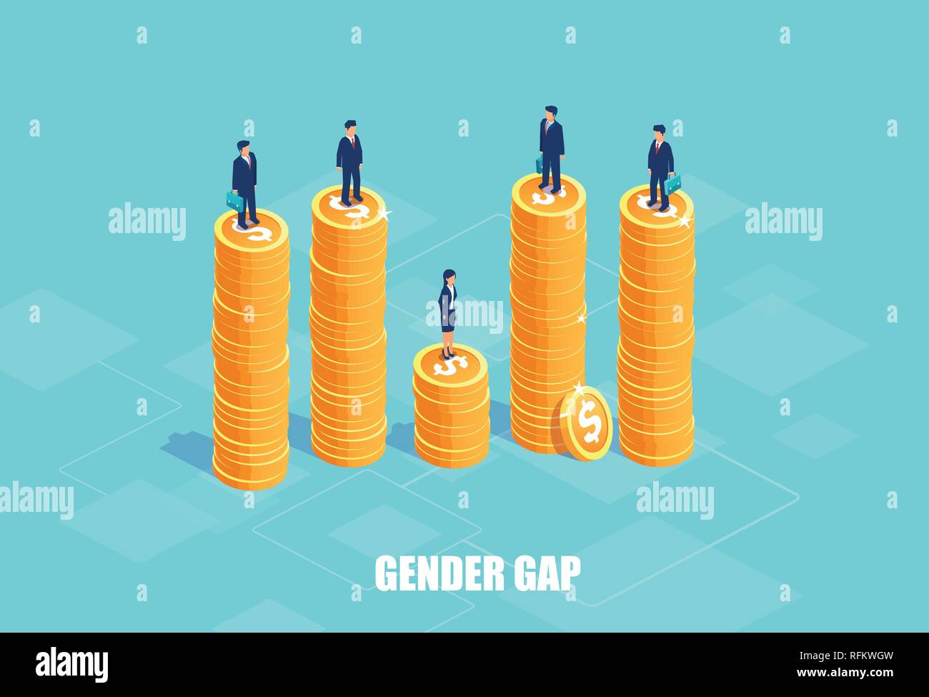 Gender gap and pay difference concept. Vector of businessmen and businesswoman on piles of coins of different height. Symbol of discrimination and inj Stock Vector