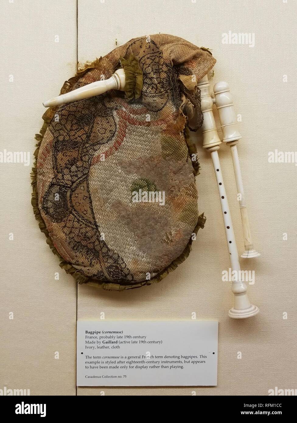 Bagpipe (cornemuse), made by Gaillard, France, probably late 1800s, ivory, leather, cloth