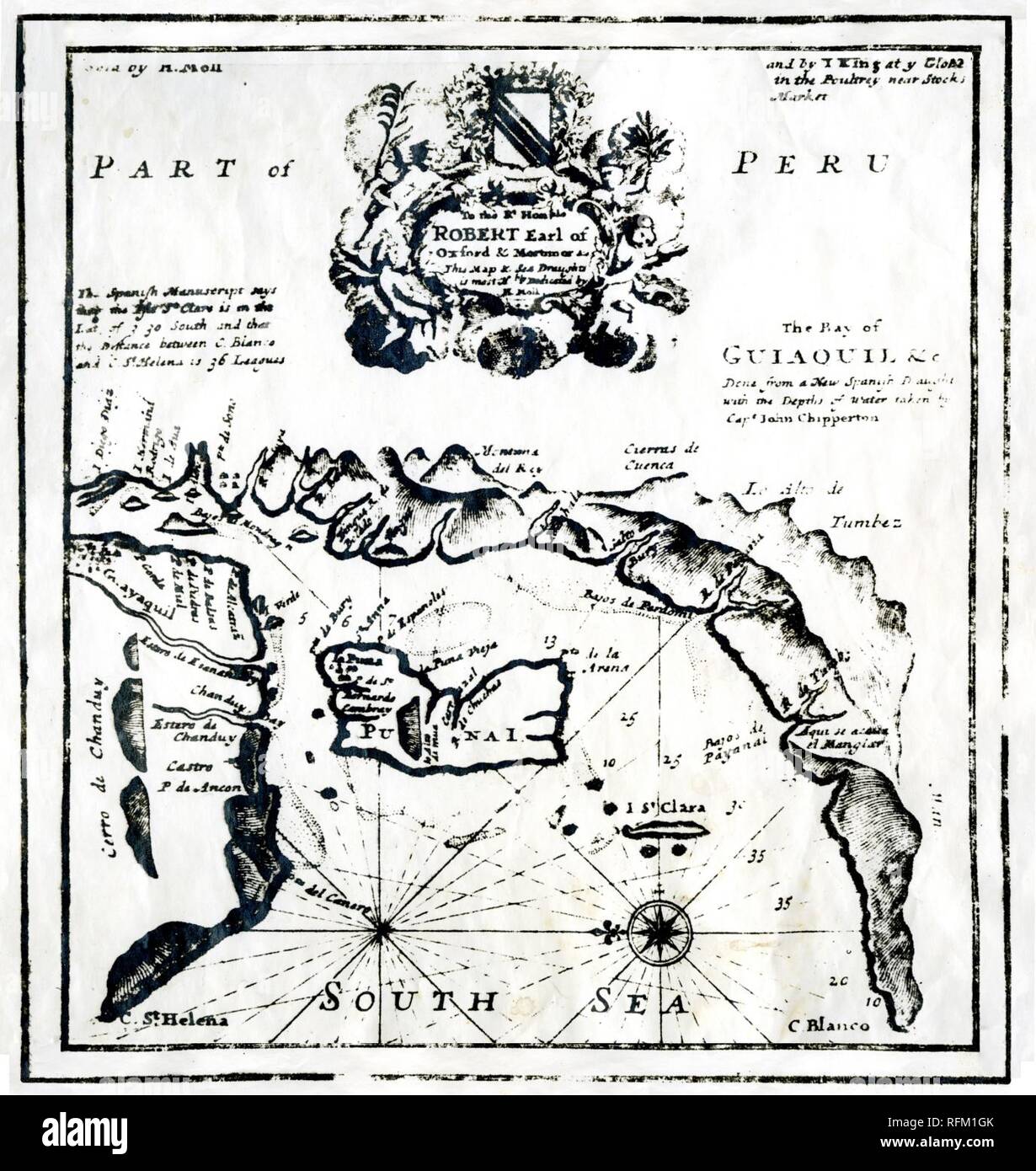 Bahía de Guayaquil según el pirata John Clipperton y dedicado al Conde Robert de Oxford - AHG. Stock Photo