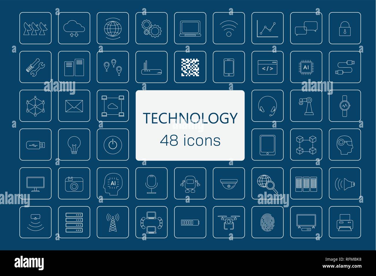 48 technology icons on blue background vector illustration Stock Vector