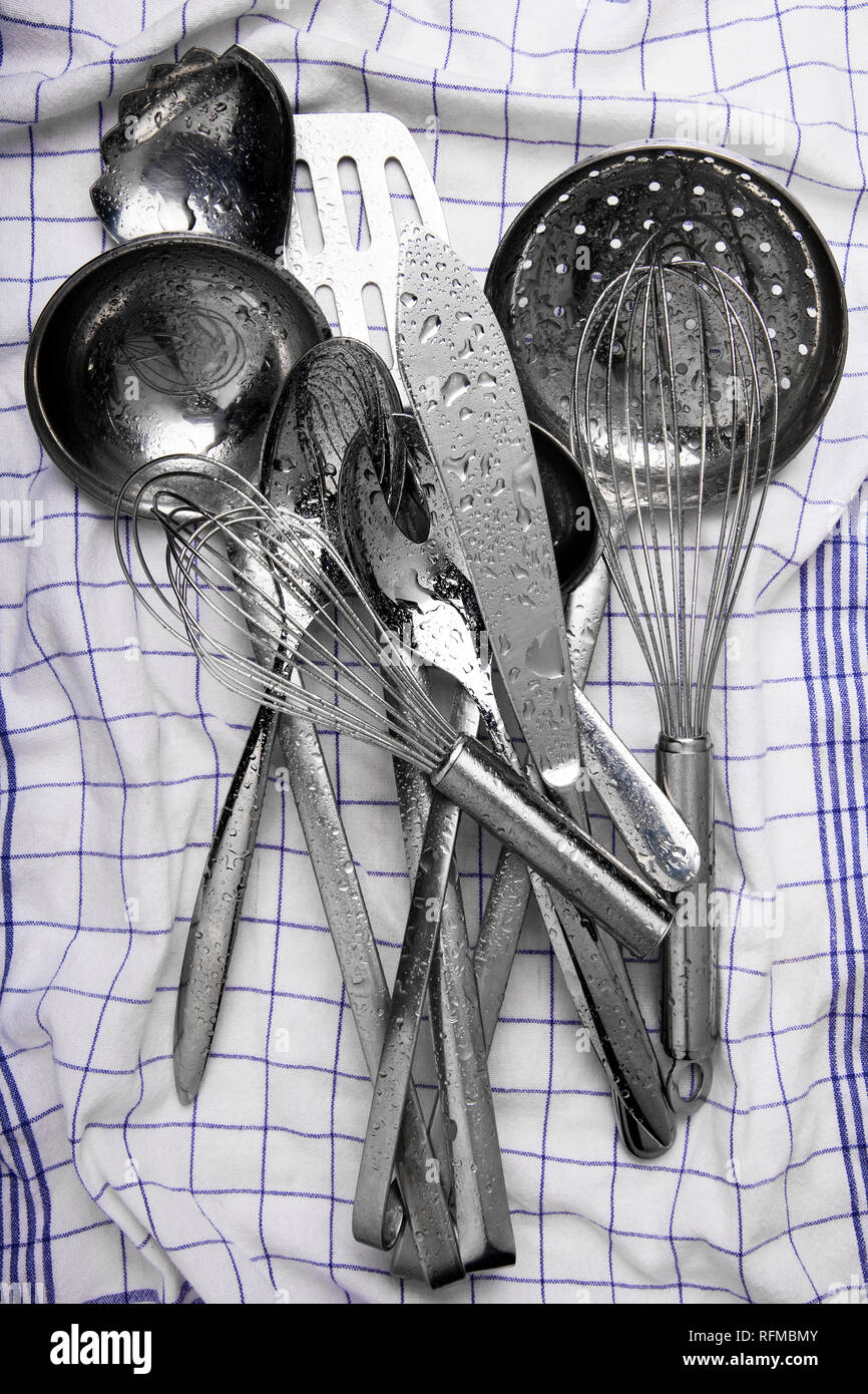 kitchen utensils on a kitchen towel Stock Photo