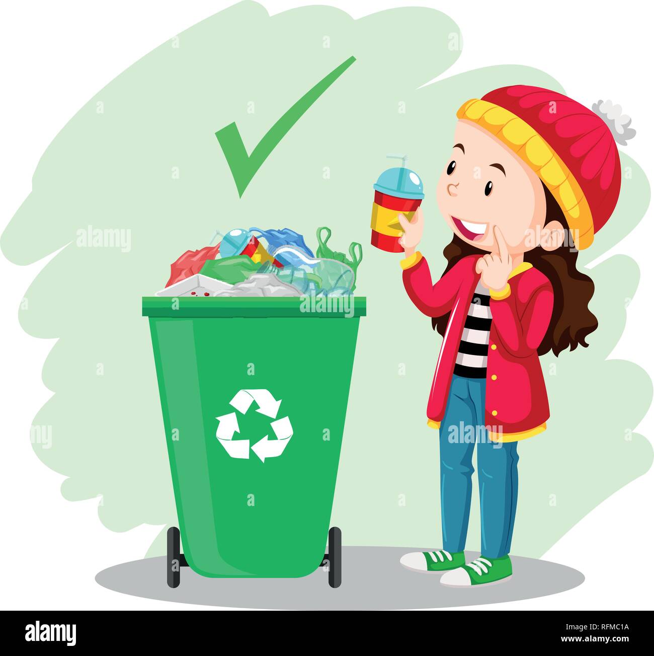 A girl put the glass in the trash can illustration Stock Vector Image