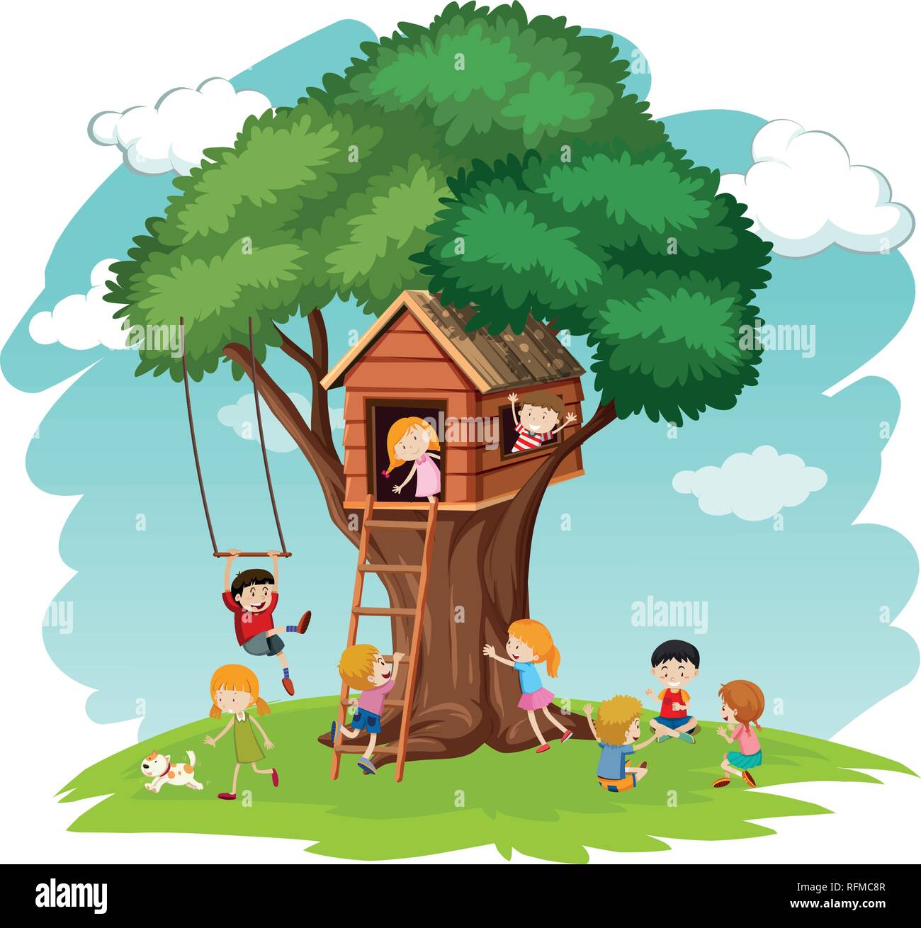 Children at tree house illustration Stock Vector Image & Art - Alamy