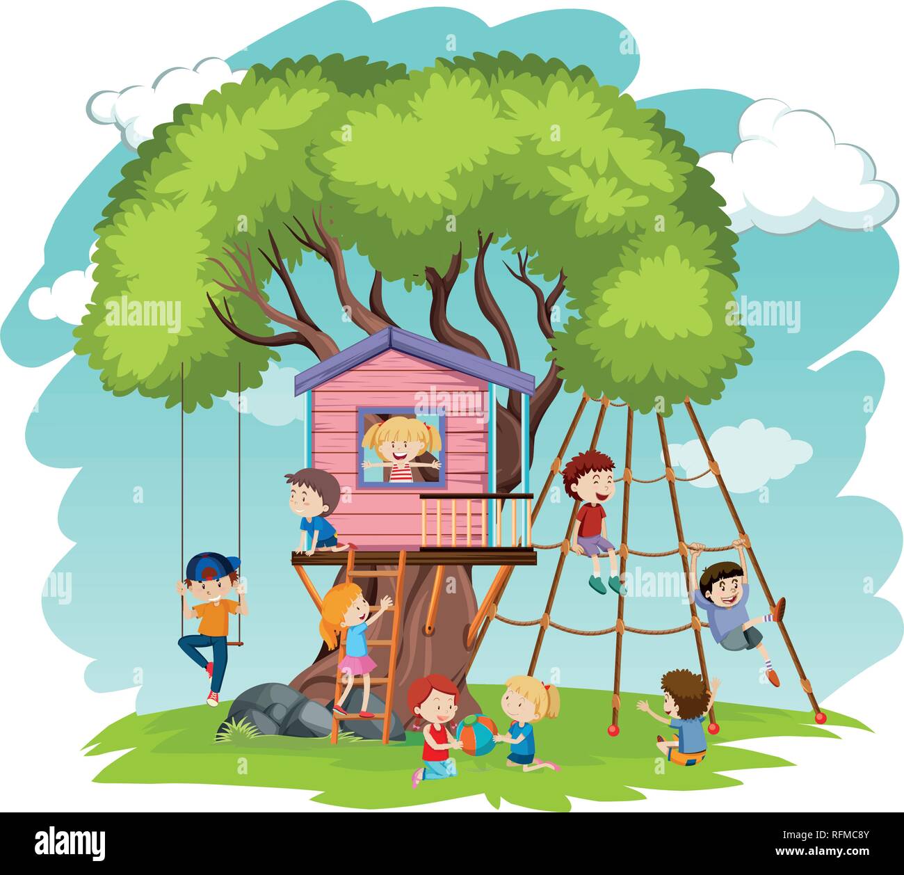 Children play at tree house illustration Stock Vector Image & Art - Alamy