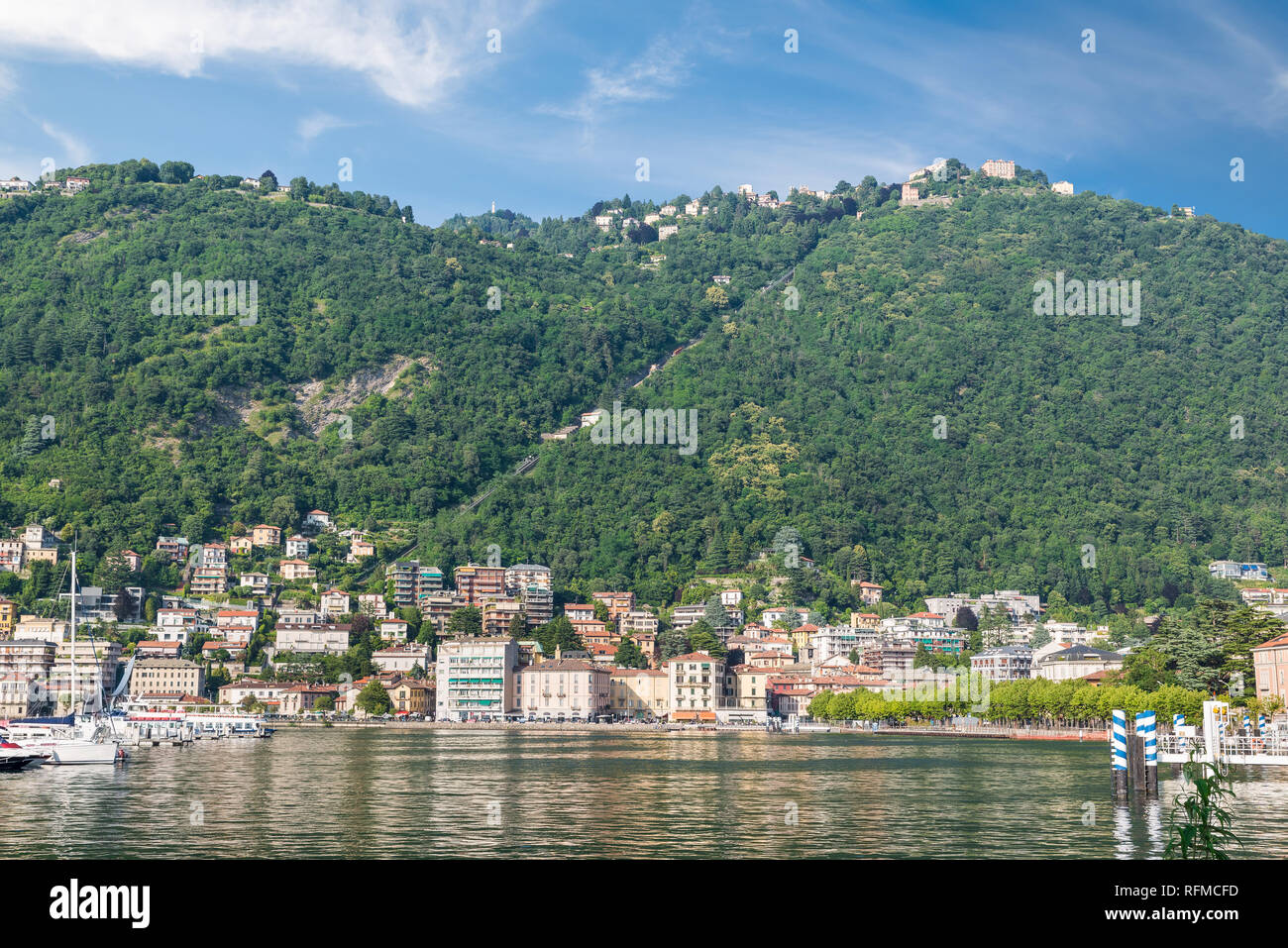 Lake Como in summer, Como city and the funicular for Brunate, Italy Stock Photo