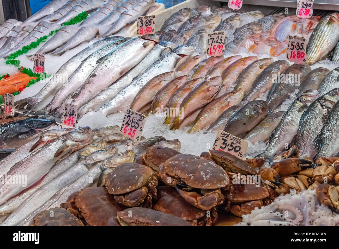 Crayfish and fish for sale at a market in London Stock Photo