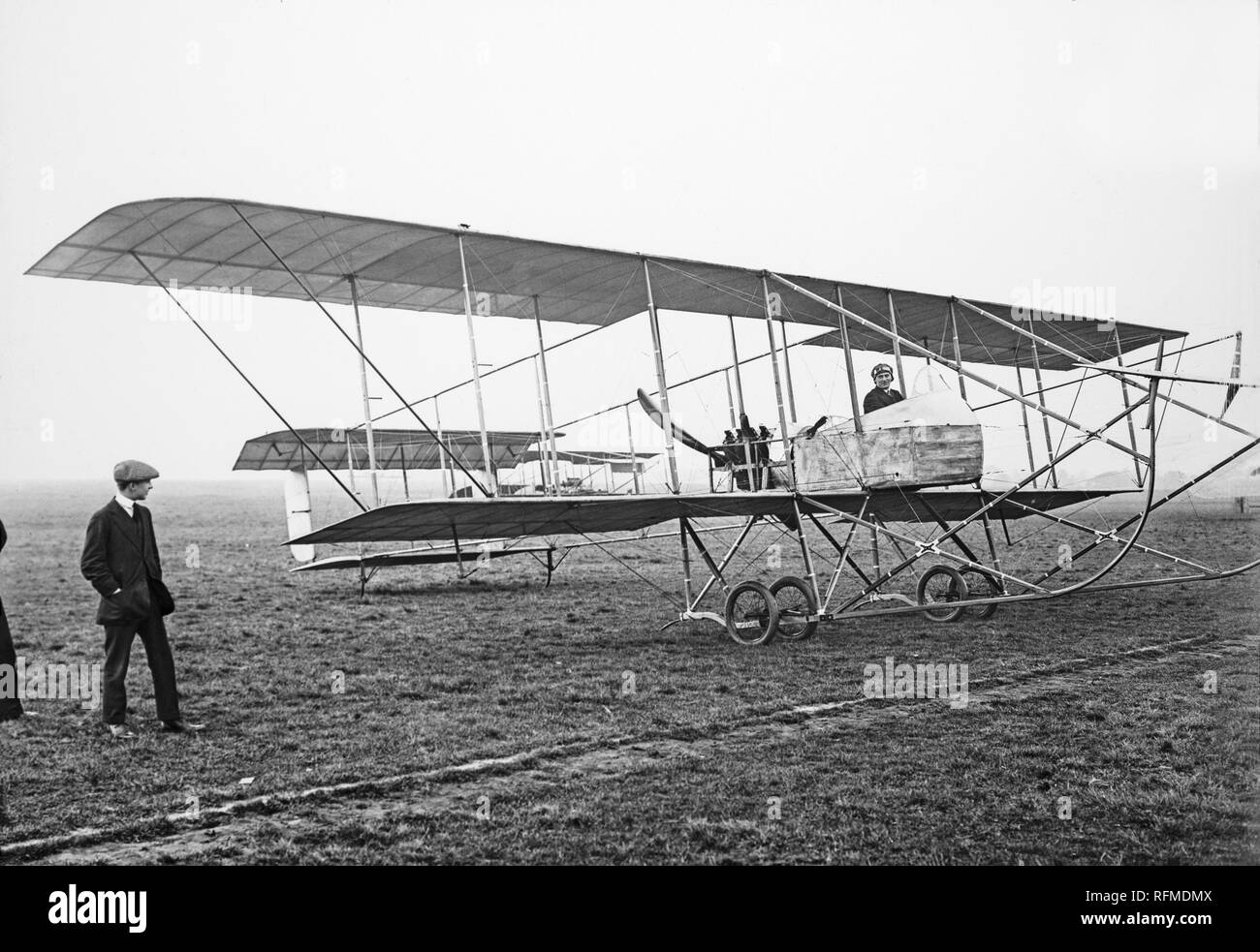A Maurice Farman Biplane, piloted by Louis Noel, an early French aviator, preparing to take off. Photograph taken in England in 1913. Stock Photo