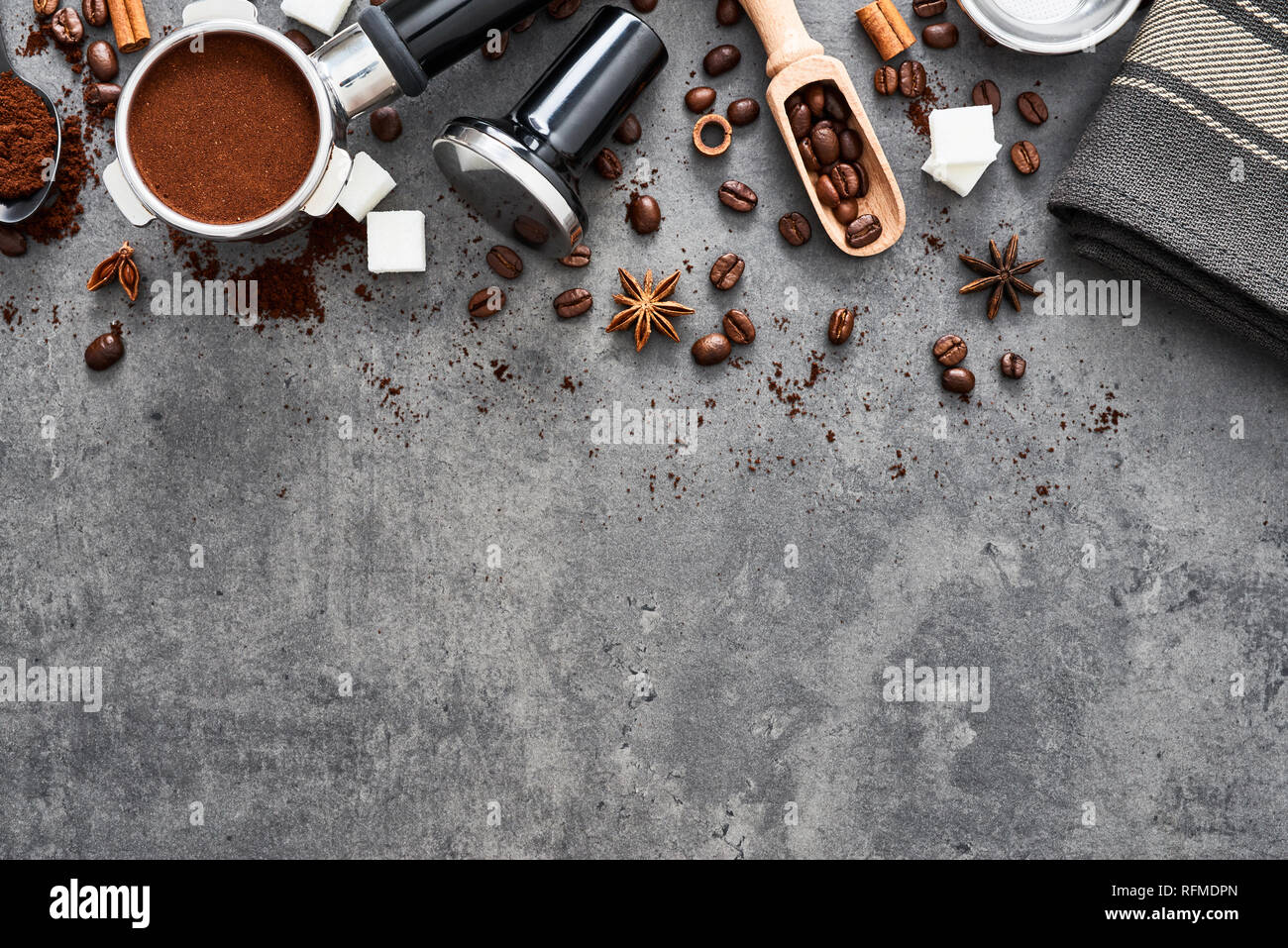 Top view of coffee background. Assorted coffee beans, ground coffee ...