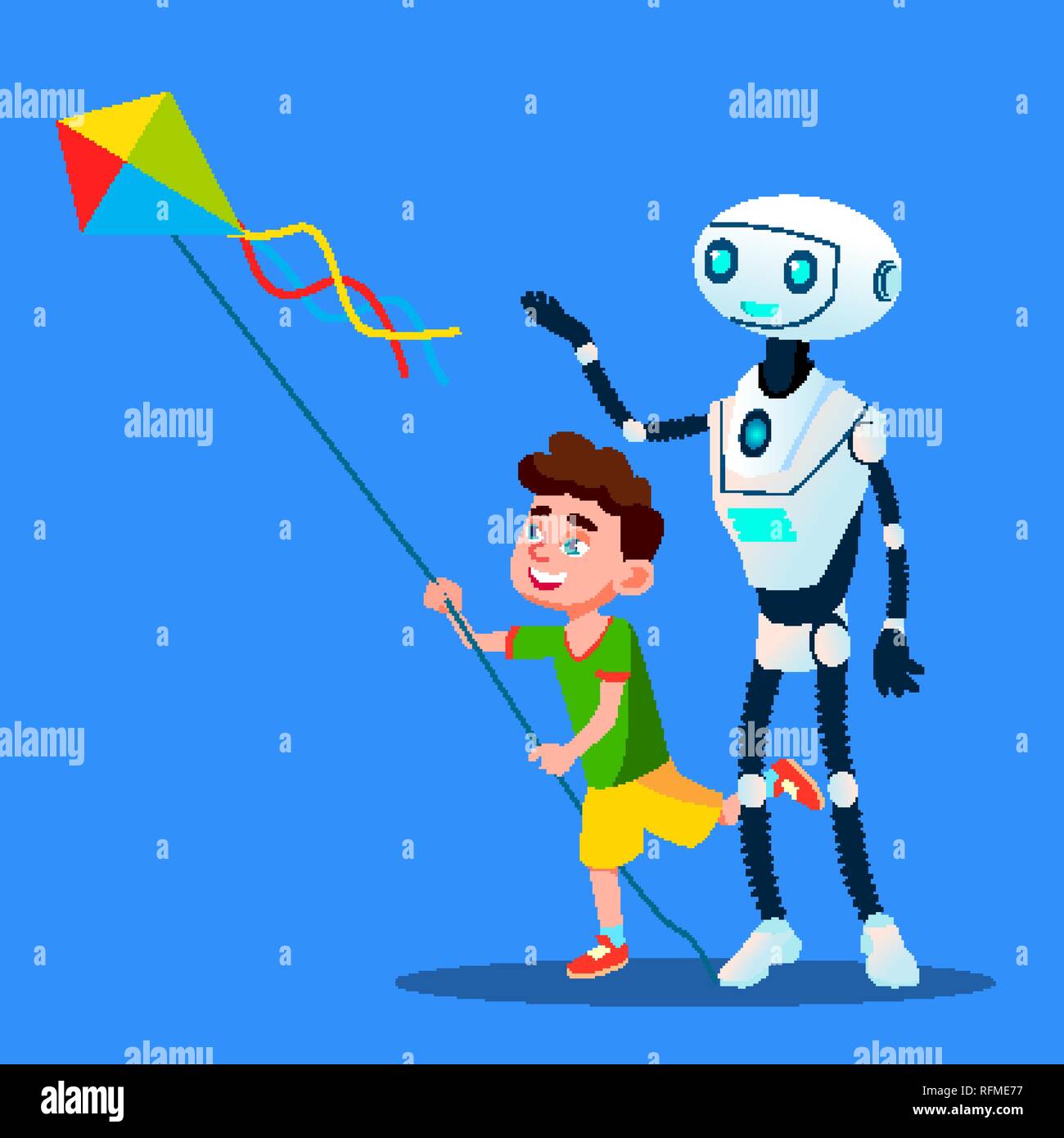 Robot With Child Fly A Kite Vector. Isolated Illustration Stock Vector
